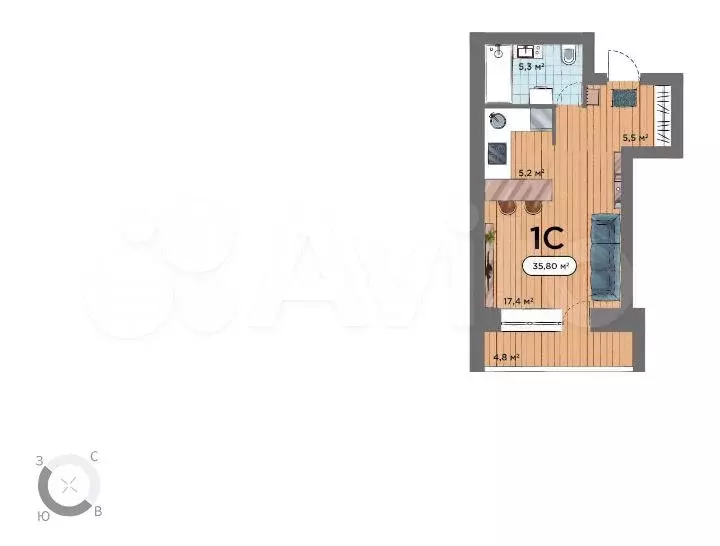 Квартира-студия, 35,8 м, 14/14 эт. - Фото 0
