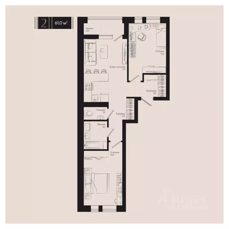2-к кв. Краснодарский край, Краснодар ул. Им. Мурата Ахеджака, 20 ... - Фото 0