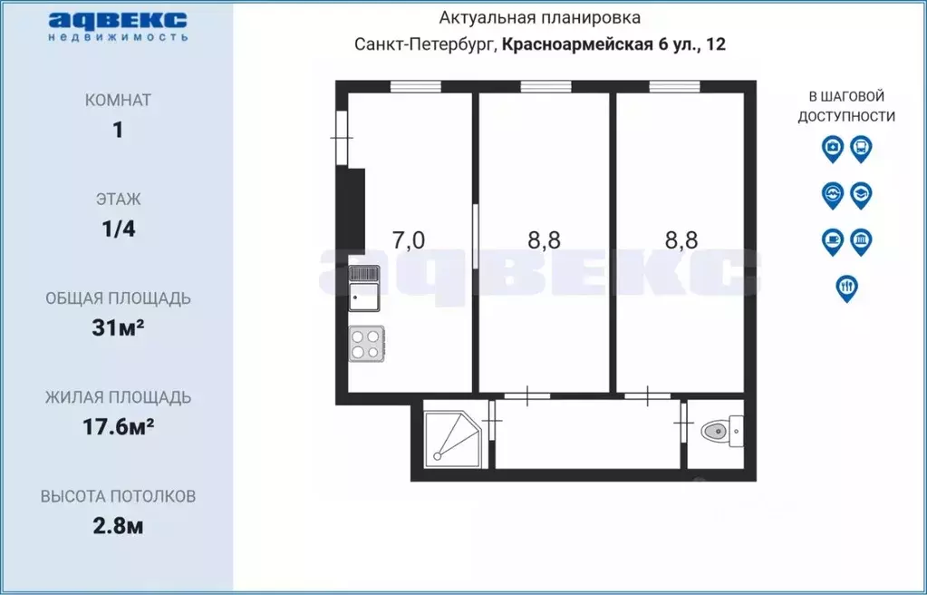 1-к кв. Санкт-Петербург 6-я Красноармейская ул., 12 (31.0 м) - Фото 1