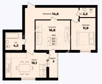 2-к. квартира, 66,6 м, 8/9 эт. - Фото 1
