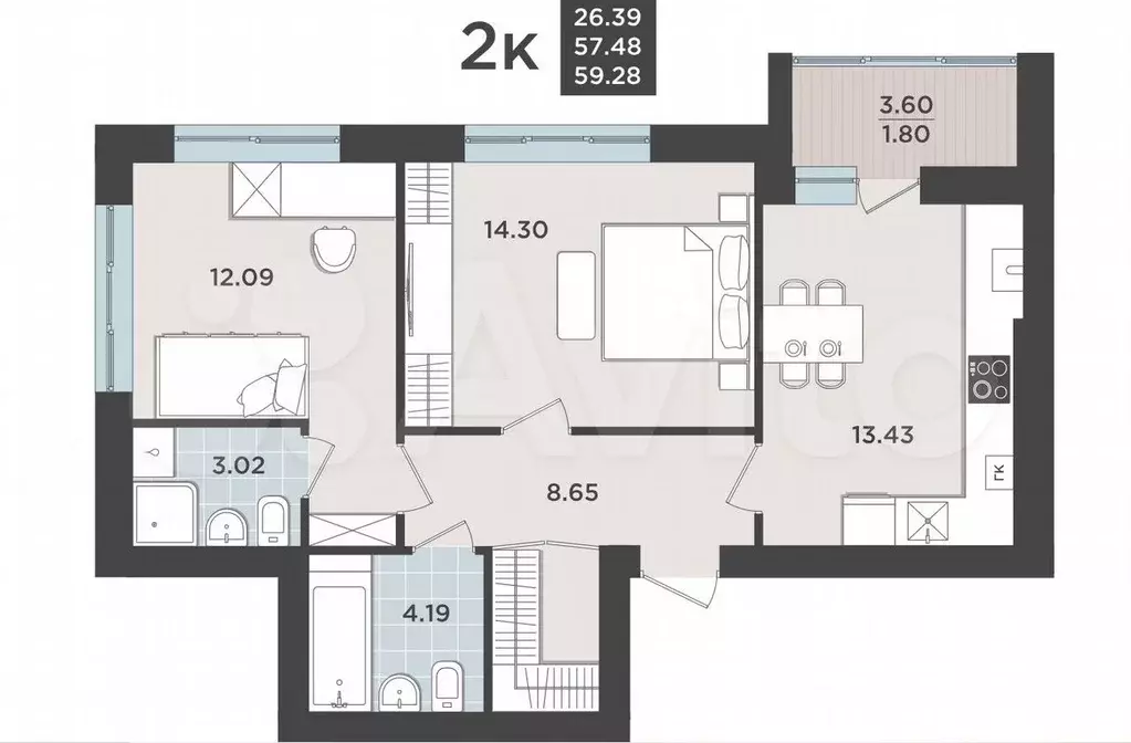 2-к. квартира, 57,5 м, 7/9 эт. - Фото 1