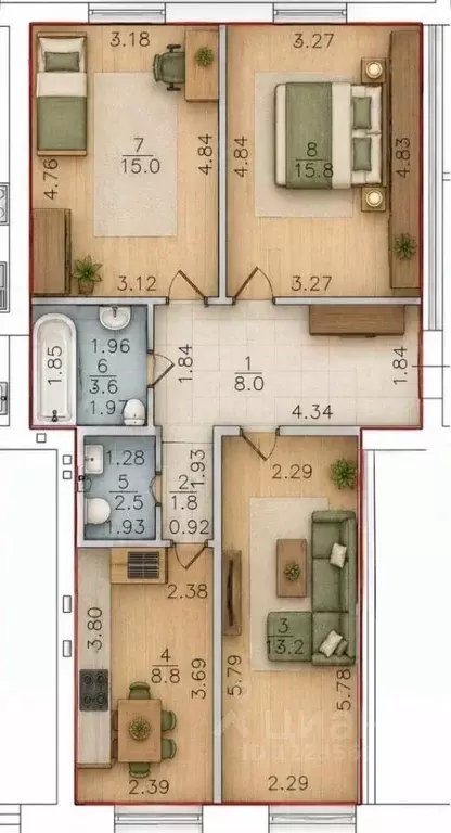 3-к кв. Башкортостан, Благовещенск ул. Чистякова, 13 (68.7 м) - Фото 2