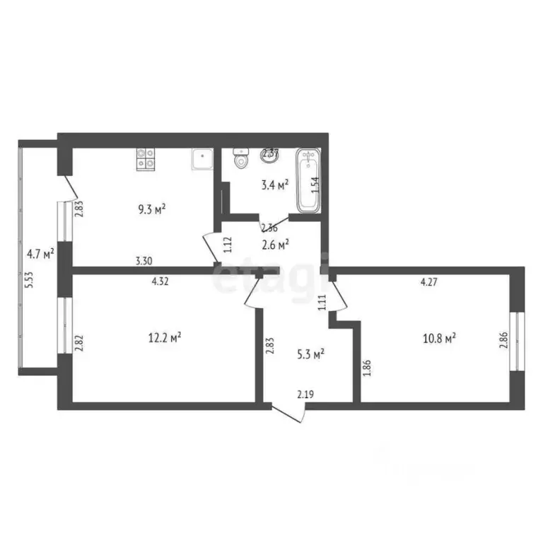 2-к кв. Тюменская область, Тюмень ул. Новоселов, 107к2 (43.6 м) - Фото 1