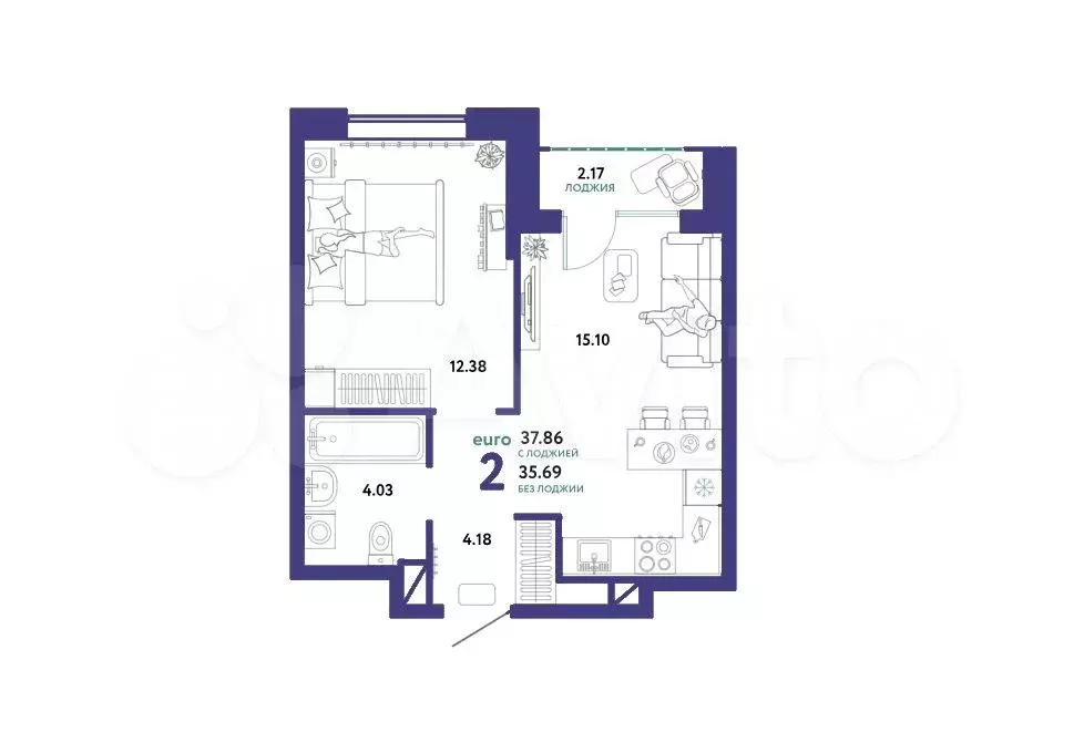 2-к. квартира, 37,9 м, 12/16 эт. - Фото 1