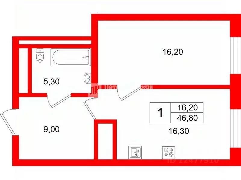 Квартира, 1 комната, 46.8 м - Фото 0
