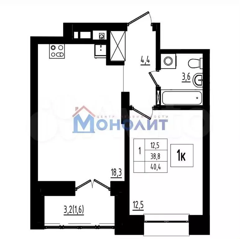 1-к. квартира, 40,4 м, 3/12 эт. - Фото 1