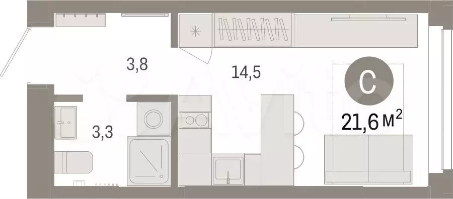 Квартира-студия, 21,6 м, 4/16 эт. - Фото 1