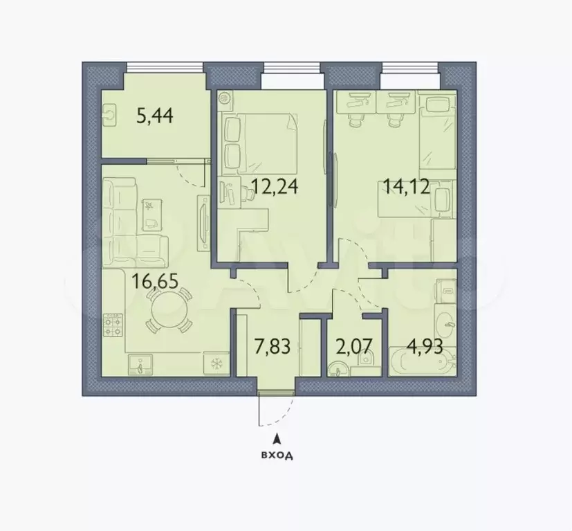 2-к. квартира, 63,3 м, 8/8 эт. - Фото 1