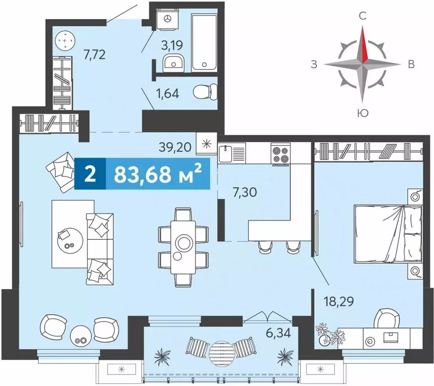 2-комнатная квартира: Засечное, Прибрежный бульвар, 5 (83.68 м) - Фото 1