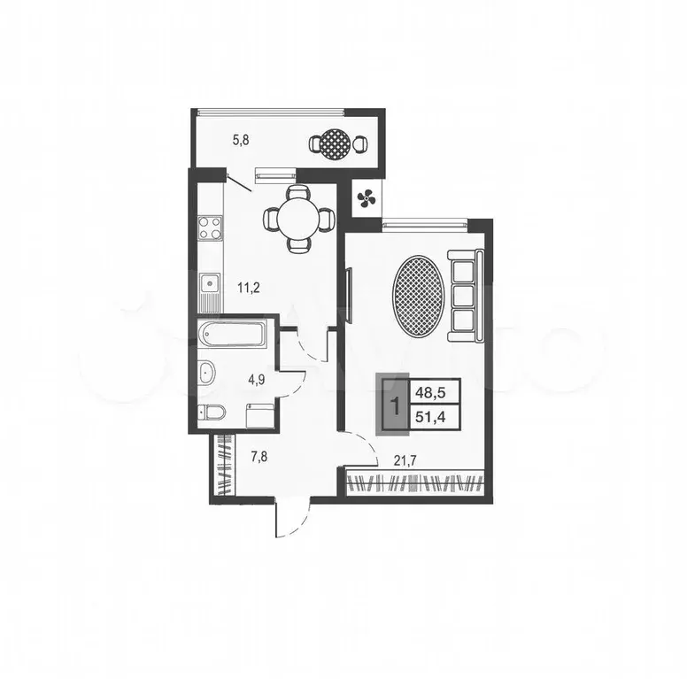 1-к. квартира, 48,5 м, 2/21 эт. - Фото 1
