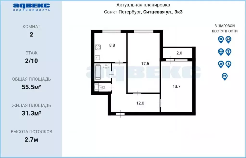 2-к кв. Санкт-Петербург Ситцевая ул., 3К3 (55.5 м) - Фото 2