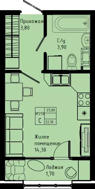 Квартира-студия: Коммунар, Железнодорожная улица, 41к3 (23.8 м) - Фото 1