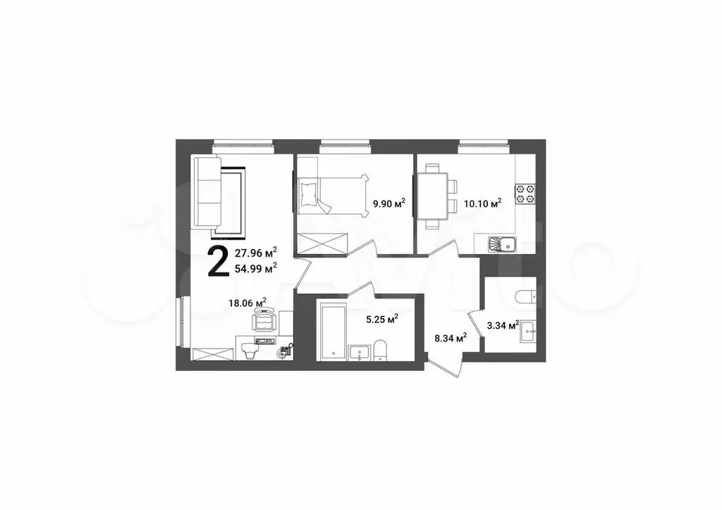 2-к. квартира, 54,9 м, 18/25 эт. - Фото 1