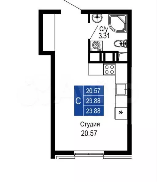 Квартира-студия, 35,4 м, 1/14 эт. - Фото 1