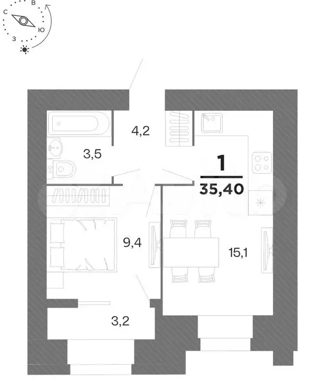 1-к. квартира, 35,4 м, 13/16 эт. - Фото 0