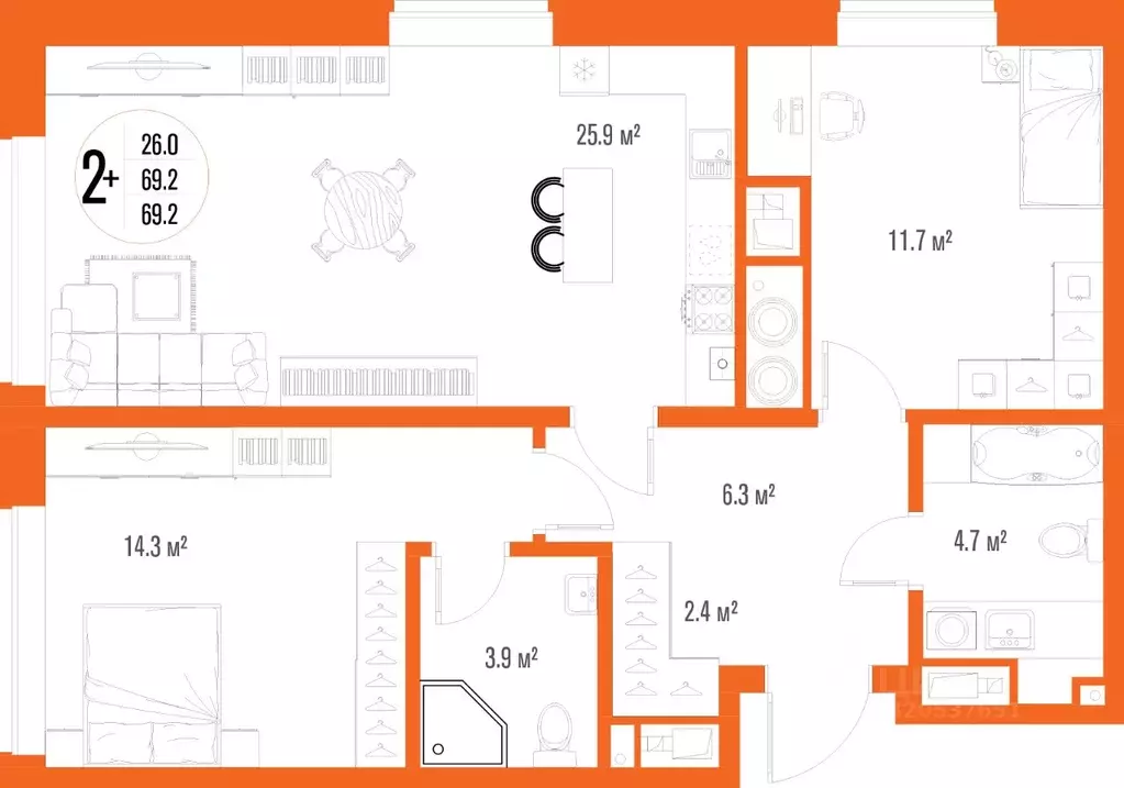 2-к кв. Астраханская область, Астрахань ул. Трофимова (69.2 м) - Фото 2