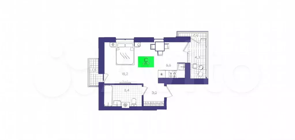 Квартира-студия, 30,3 м, 4/8 эт. - Фото 1