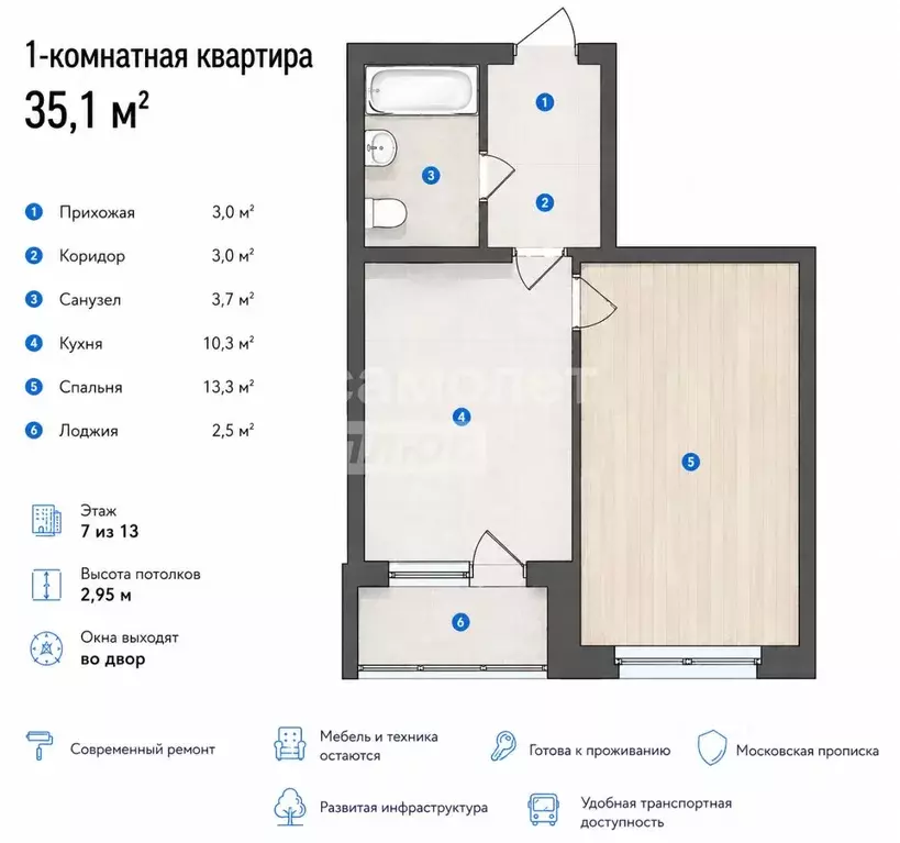 1-к кв. Москва ул. Сальвадора Дали, 1к3 (35.62 м) - Фото 2