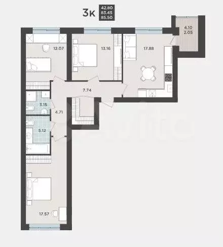 3-к. квартира, 85,5 м, 3/9 эт. - Фото 1