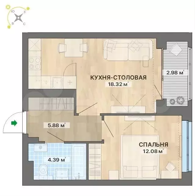 1-к. квартира, 43,7 м, 6/12 эт. - Фото 0
