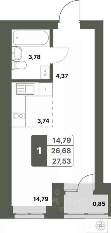 1-к кв. Башкортостан, Уфимский район, с. Миловка  (27.53 м) - Фото 0