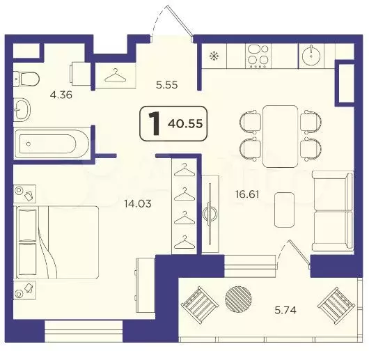 1-к. квартира, 40,6м, 14/23эт. - Фото 1