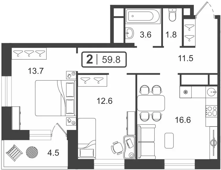 2-комнатная квартира: Тюмень, улица Мельникайте, 2к18 (59.84 м) - Фото 0