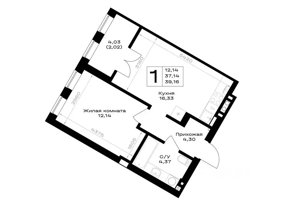 1-к кв. Калининградская область, Гурьевск Включи жилой комплекс (39.16 ... - Фото 1