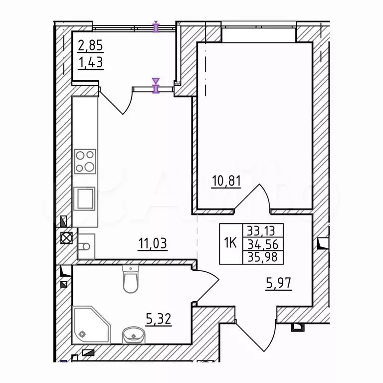 1-к. квартира, 34,6 м, 5/7 эт. - Фото 1
