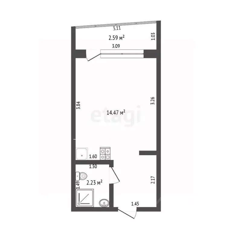 Студия Тюменская область, Тюмень ул. 30 лет Победы, 92 (16.3 м) - Фото 1