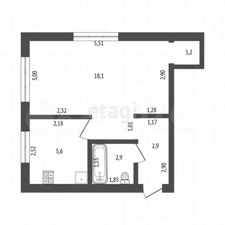 1-к. квартира, 30,7 м, 1/3 эт. - Фото 0