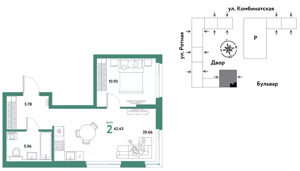 2-комнатная квартира: Екатеринбург, Ленинский район (42.43 м) - Фото 1