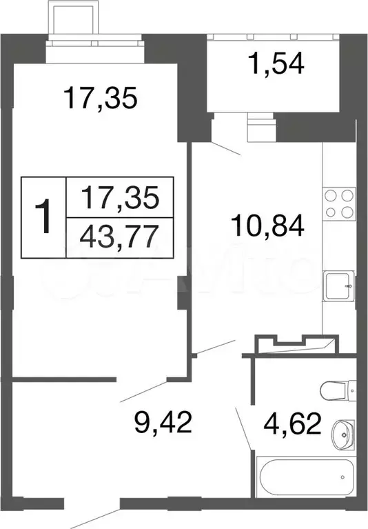 1-к. квартира, 43,8м, 8/9эт. - Фото 0