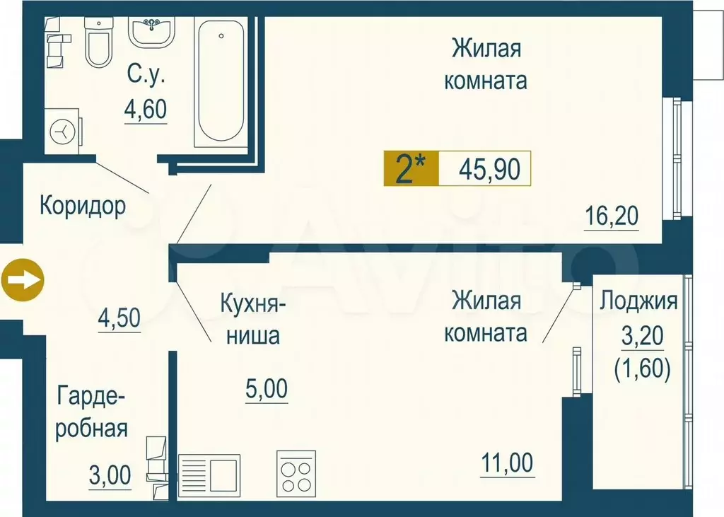 1-к. квартира, 45,9 м, 2/25 эт. - Фото 0
