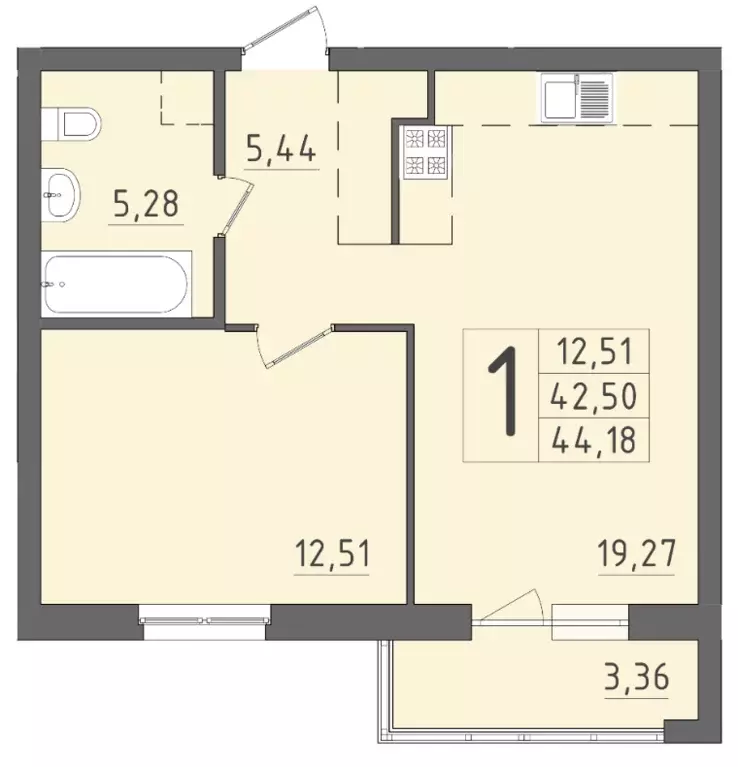 1-к квартира, 44.18 м - Фото 0