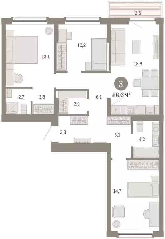 3-комнатная квартира: Омск, Кировский округ (88.59 м) - Фото 2