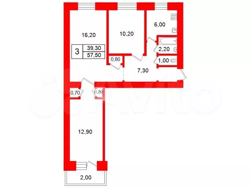 3-к. квартира, 57,5 м, 6/7 эт. - Фото 0