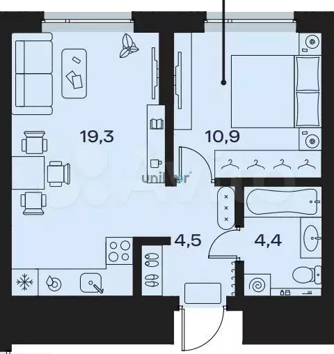 1-к. квартира, 39,1 м, 5/9 эт. - Фото 0