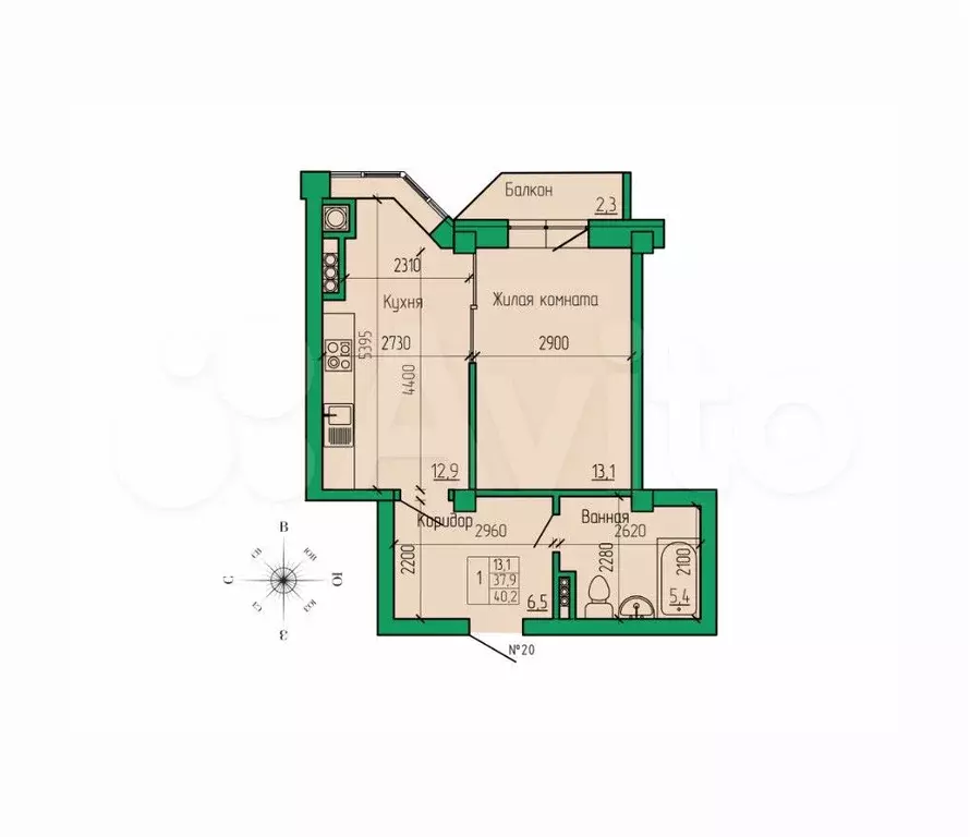 1-к. квартира, 40,2 м, 3/4 эт. - Фото 1