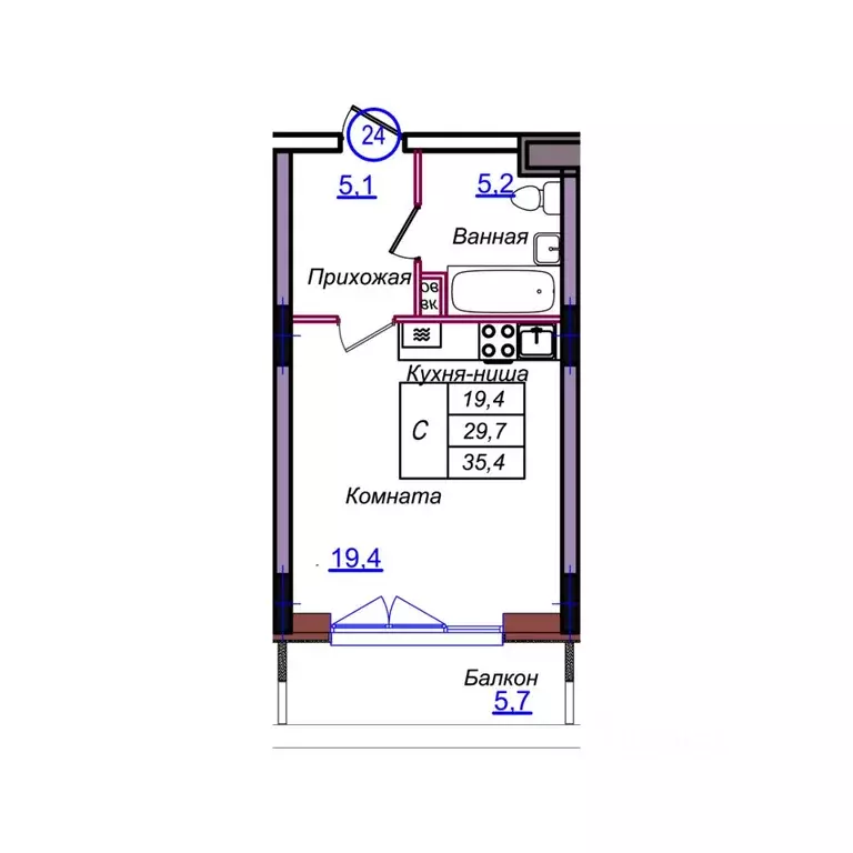 Студия Калининградская область, Светлогорск Балтийская ул. (35.4 м) - Фото 1