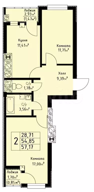 2-к. квартира, 56,8 м, 9/9 эт. - Фото 1
