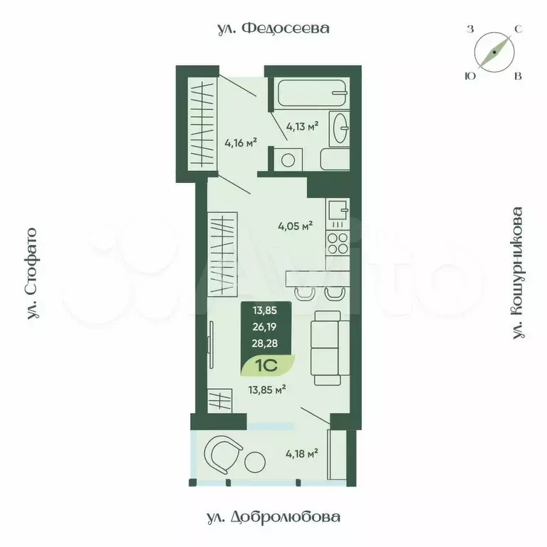 Квартира-студия, 28,3 м, 16/18 эт. - Фото 1