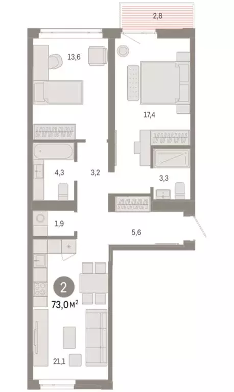 2-комнатная квартира: Тюмень, улица Республики, 205к3 (73 м) - Фото 1