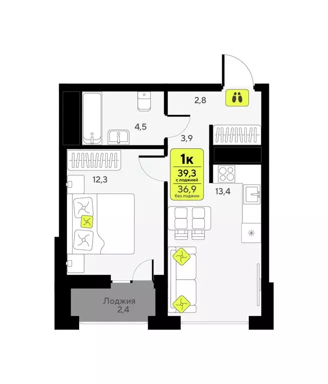 1-комнатная квартира: Тюмень, улица Андрея Приказнова, 7 (39.3 м) - Фото 1