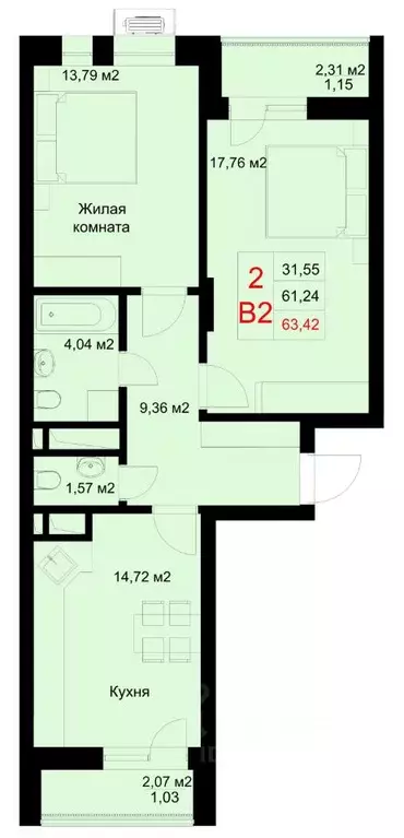 2-к кв. Татарстан, Казань ул. Рауиса Гареева, 78Б (63.42 м) - Фото 0