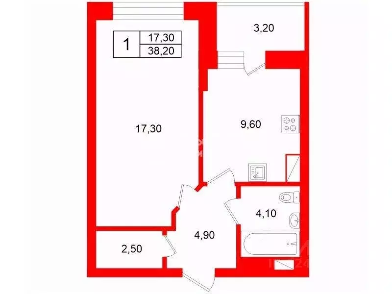 Квартира, 1 комната, 38.2 м - Фото 0