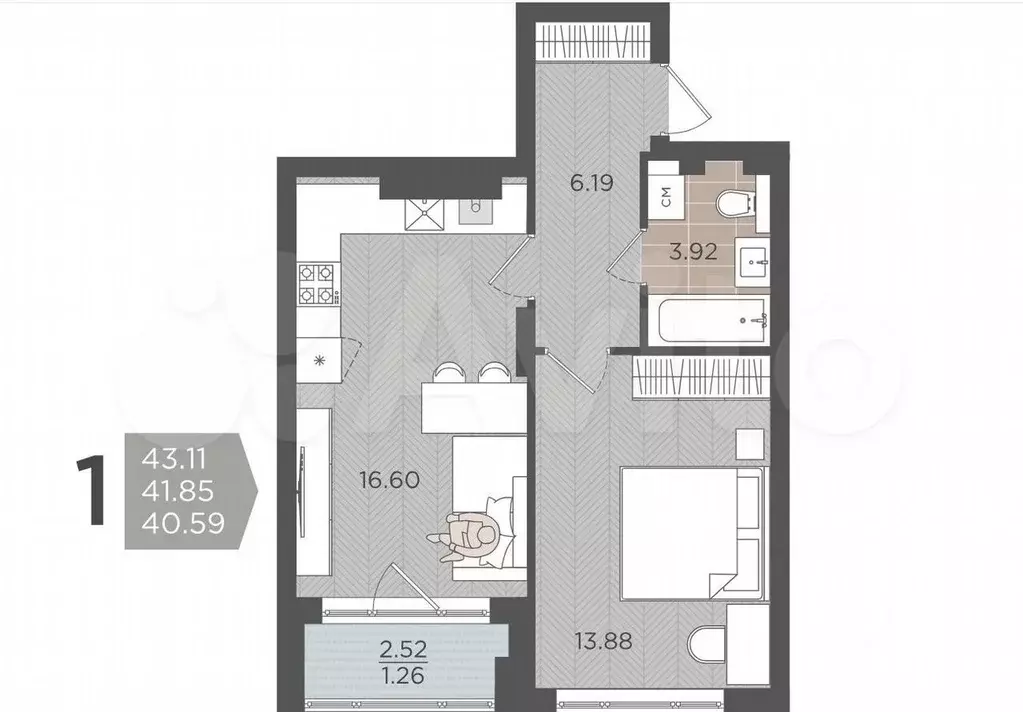 1-к. квартира, 41,9 м, 1/9 эт. - Фото 1