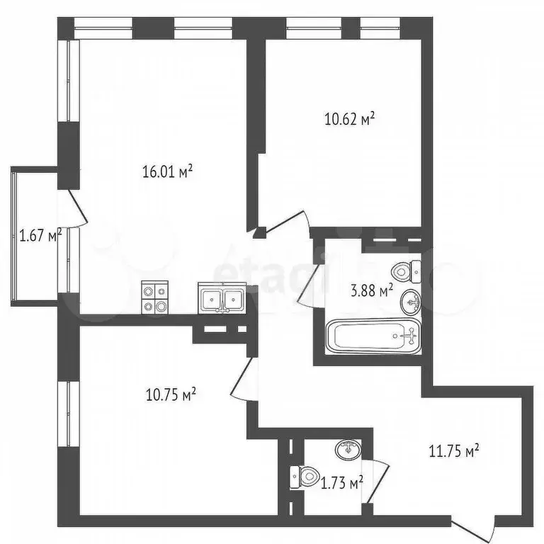 2-к. квартира, 54,5 м, 9/25 эт. - Фото 0