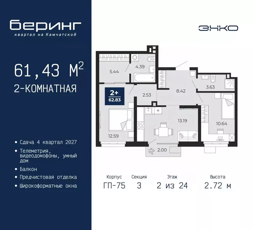2-к кв. Тюменская область, Тюмень Беринг жилой комплекс (61.43 м) - Фото 1