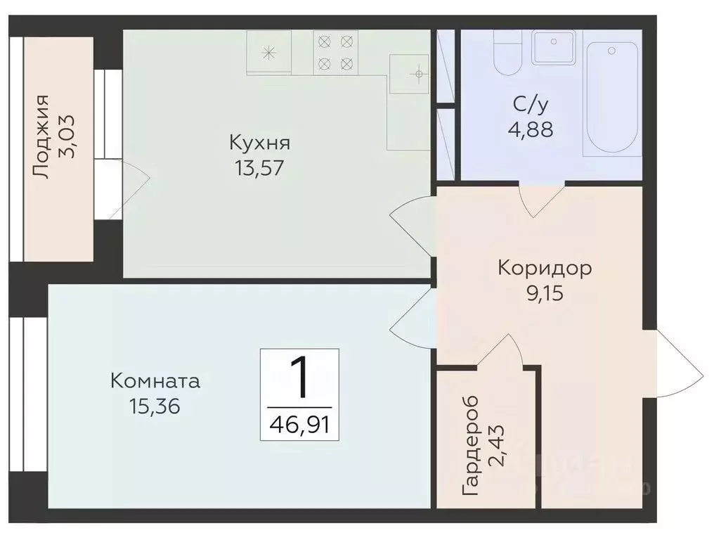 1-к кв. Воронежская область, Воронеж ул. Матросова (46.91 м) - Фото 0